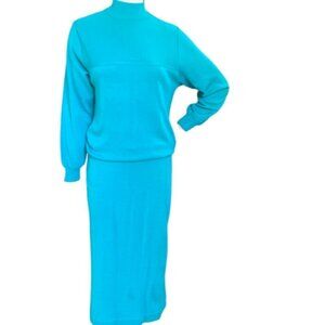 VTG 70s Schrader Knit Dress Long Sleeve Mock Neck Teal Green Sz 8 #87i